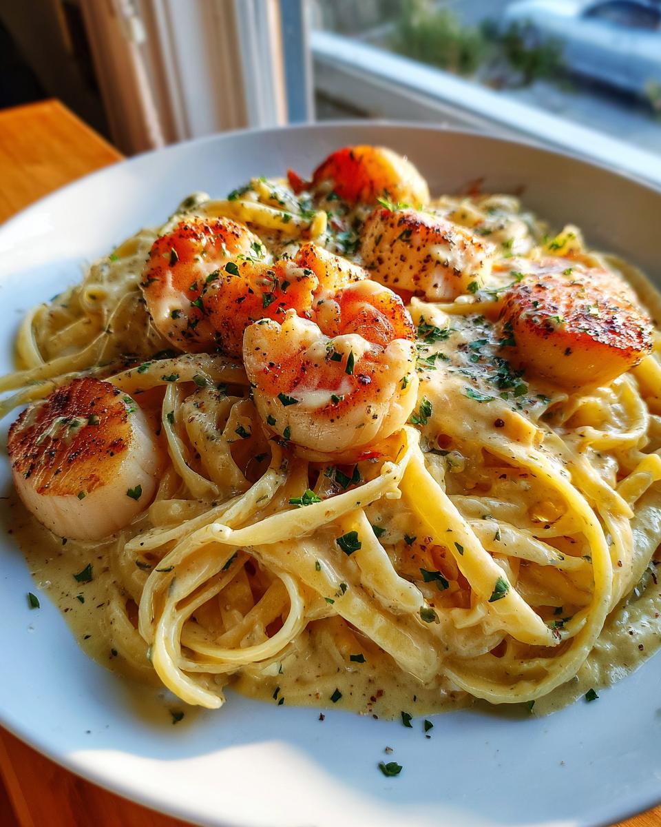 Close-up of creamy seafood pasta topped with perfectly seared shrimp and scallops, garnished with parsley.