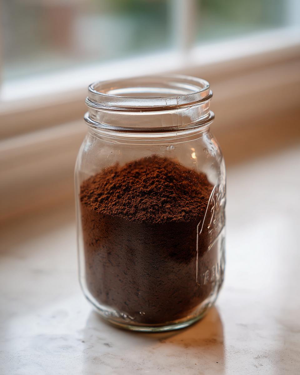 A clear glass mason jar filled with rich brown homemade hot cocoa mix powder.