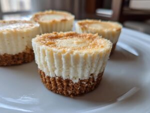 Close-up of four perfectly baked mini cheesecake desserts with graham cracker crusts on a white plate.