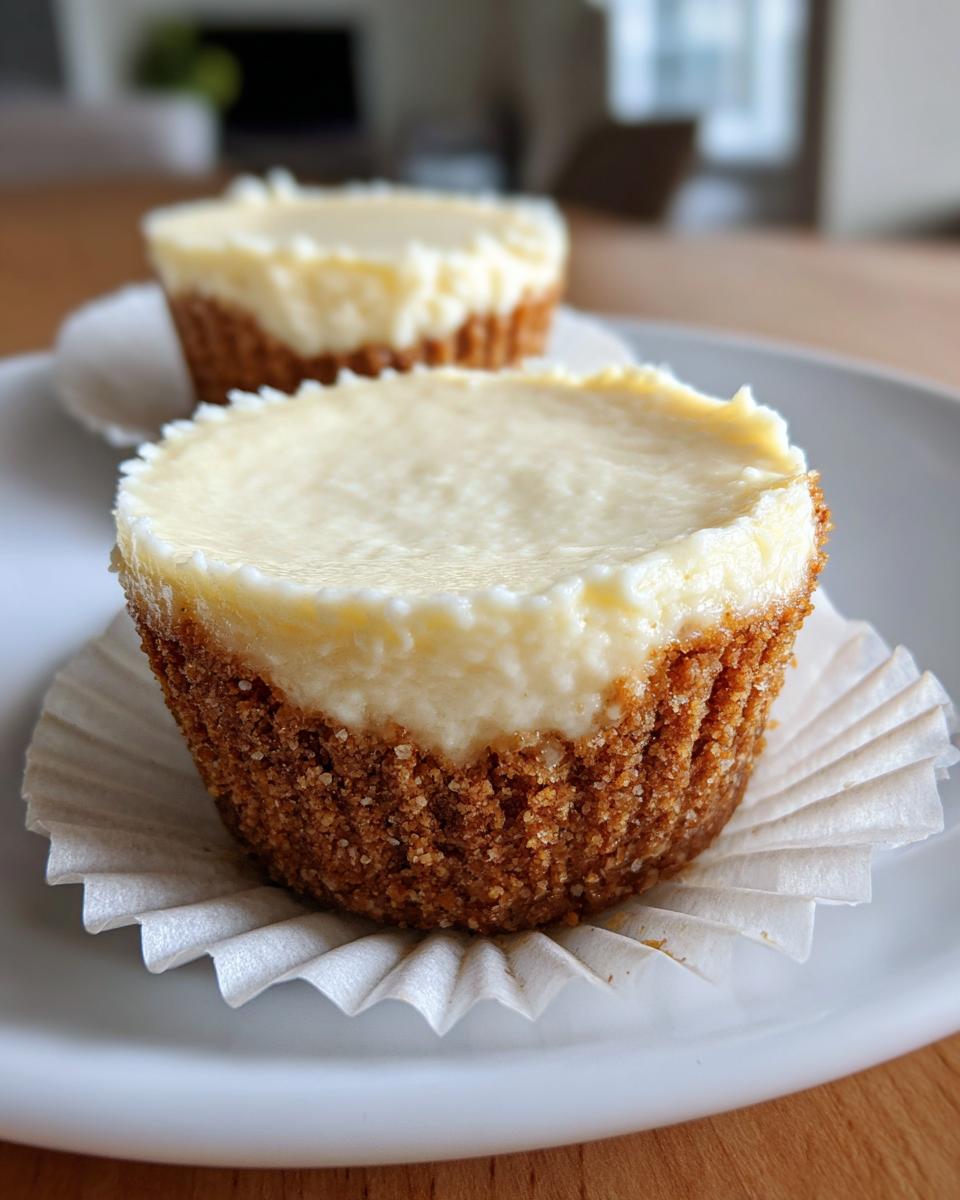 Close-up of a delicious mini cheesecake with a thick graham cracker crust and creamy filling.