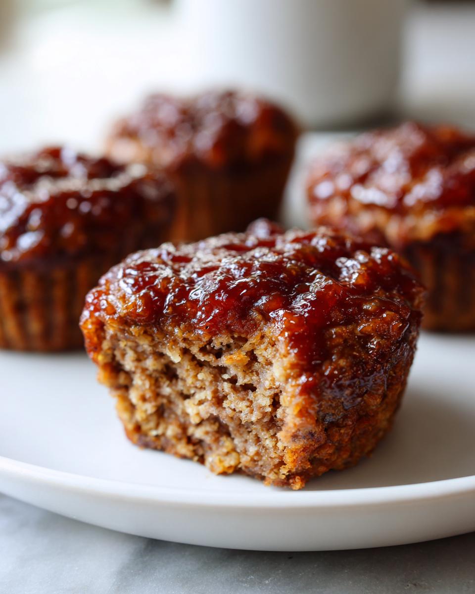 A close-up of one mini meatloaf with a thick, shiny glaze, showing the moist interior texture after a bite was taken.