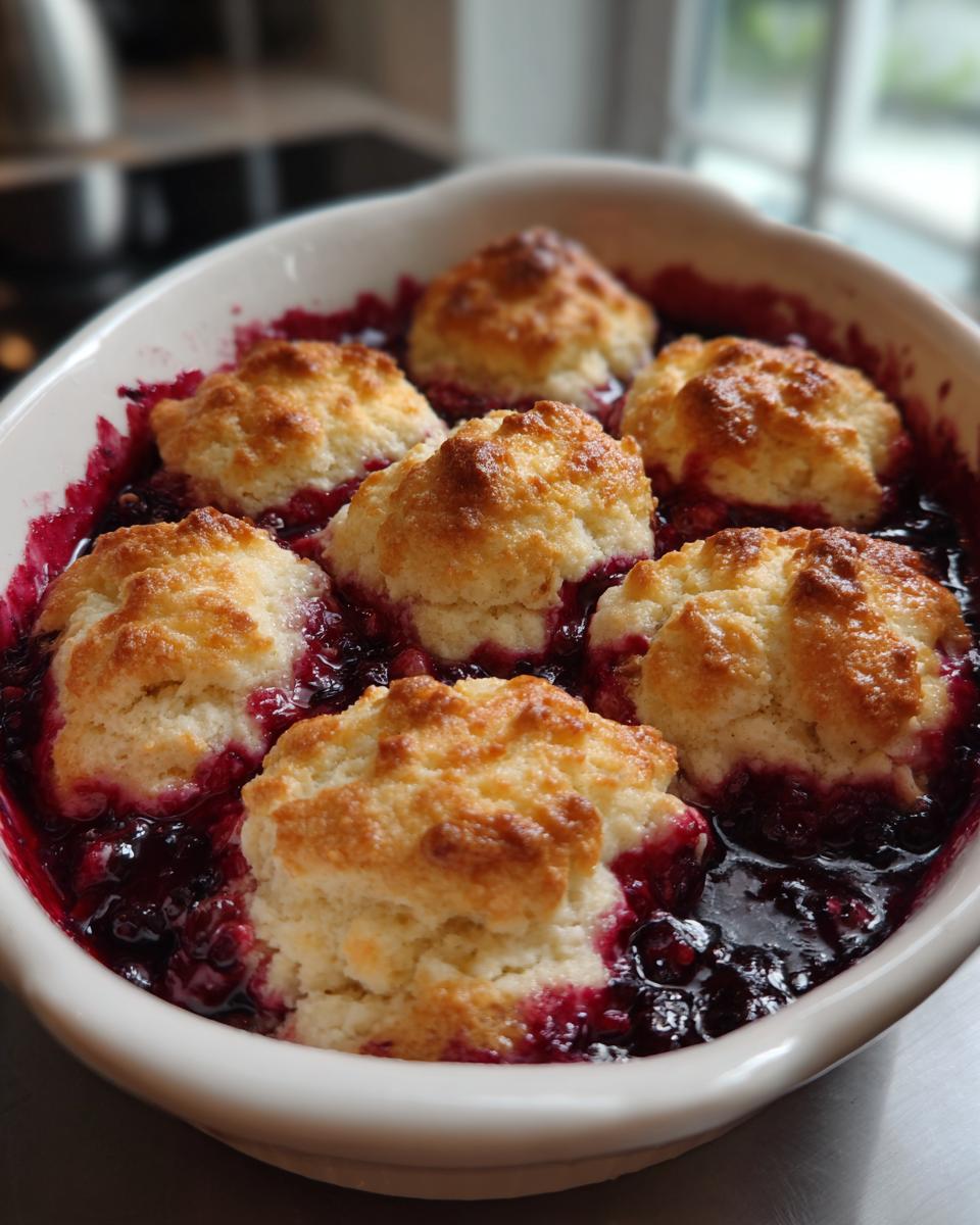 Close-up of a golden-topped mixed berry cobbler bubbling in a white baking dish.