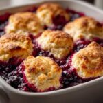 Close-up of a bubbling mixed berry cobbler with golden, biscuit-like topping baked in a white dish.
