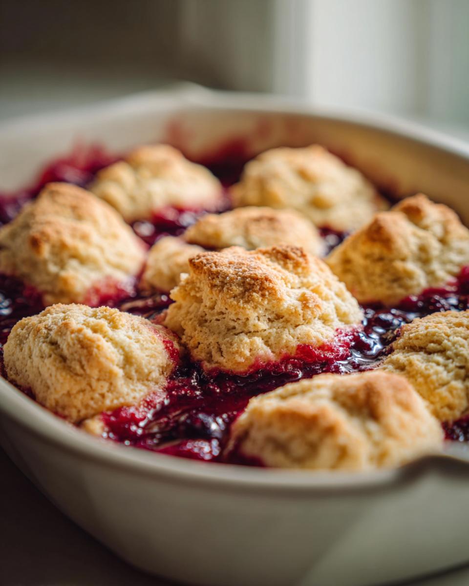Close-up of golden biscuit topping bubbling over rich, dark fruit filling in a mixed berry cobbler.