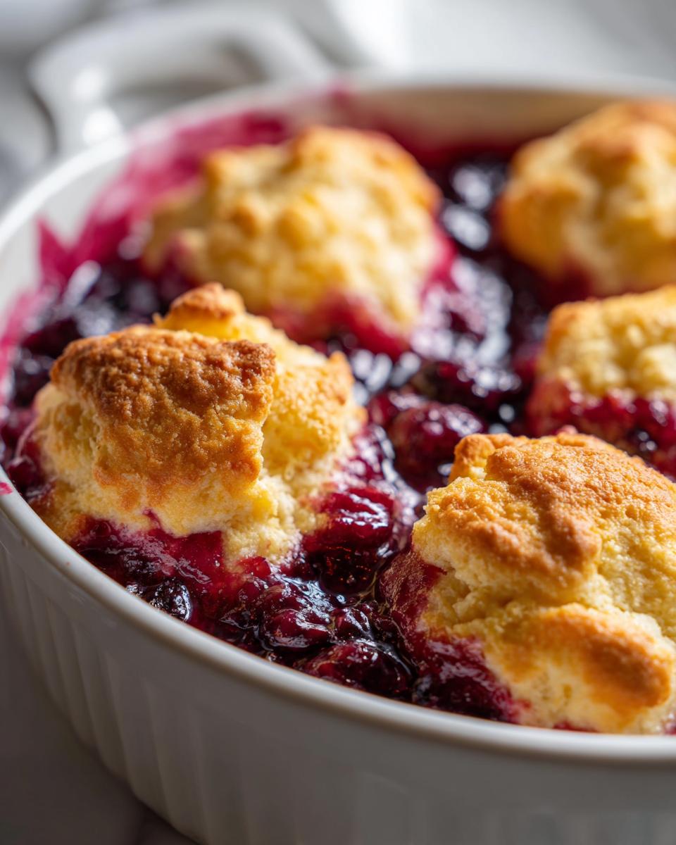 Close-up of golden biscuit topping nestled in bubbling, deep purple mixed berry cobbler filling.