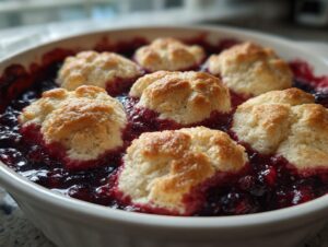 Close-up of a bubbling mixed berry cobbler with golden biscuit topping in a white baking dish.