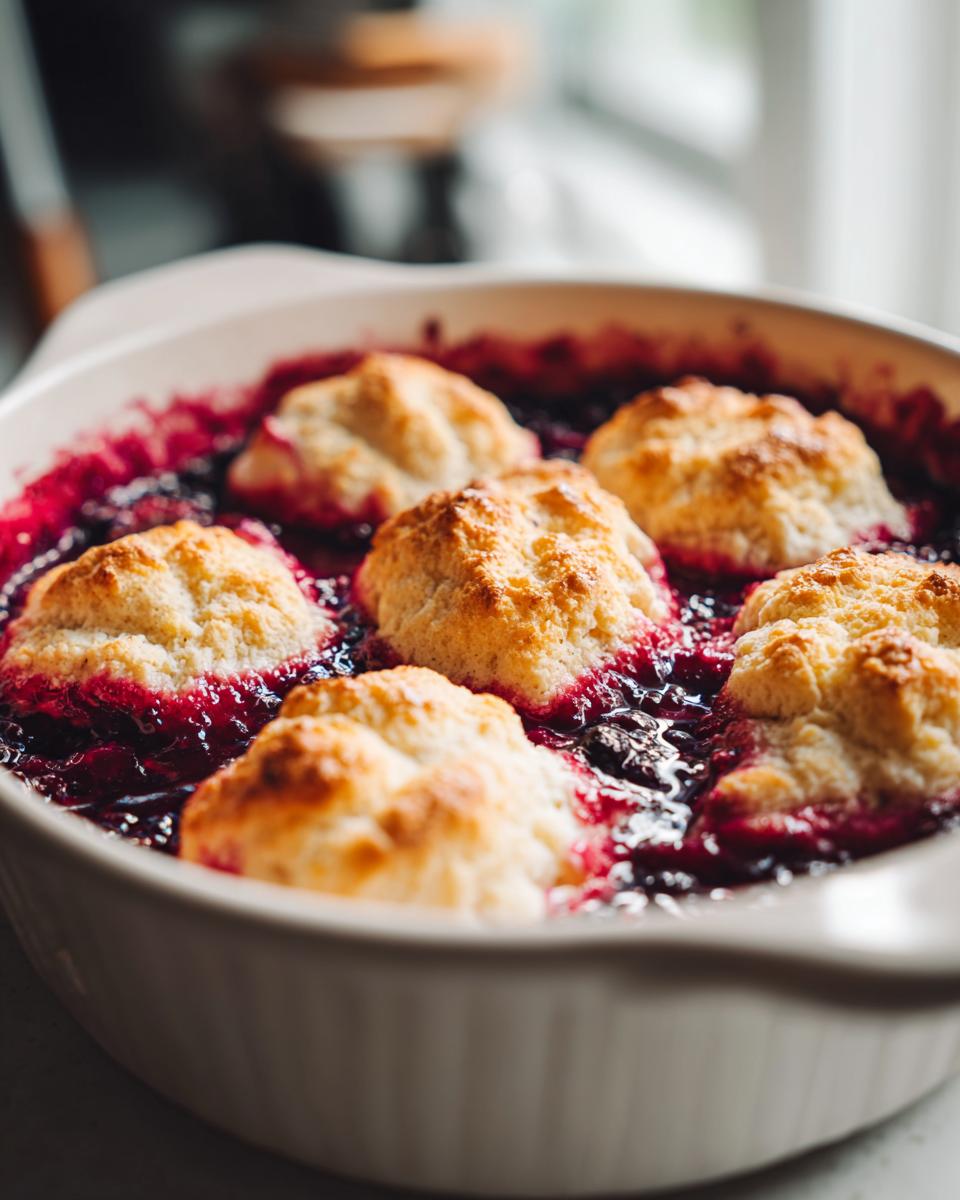 Close-up of a bubbling mixed berry cobbler with golden biscuit topping baked in a white ceramic dish.