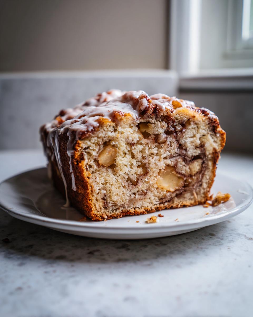 A moist slice of homemade apple bread, featuring visible apple chunks and a cinnamon swirl, topped with white glaze.
