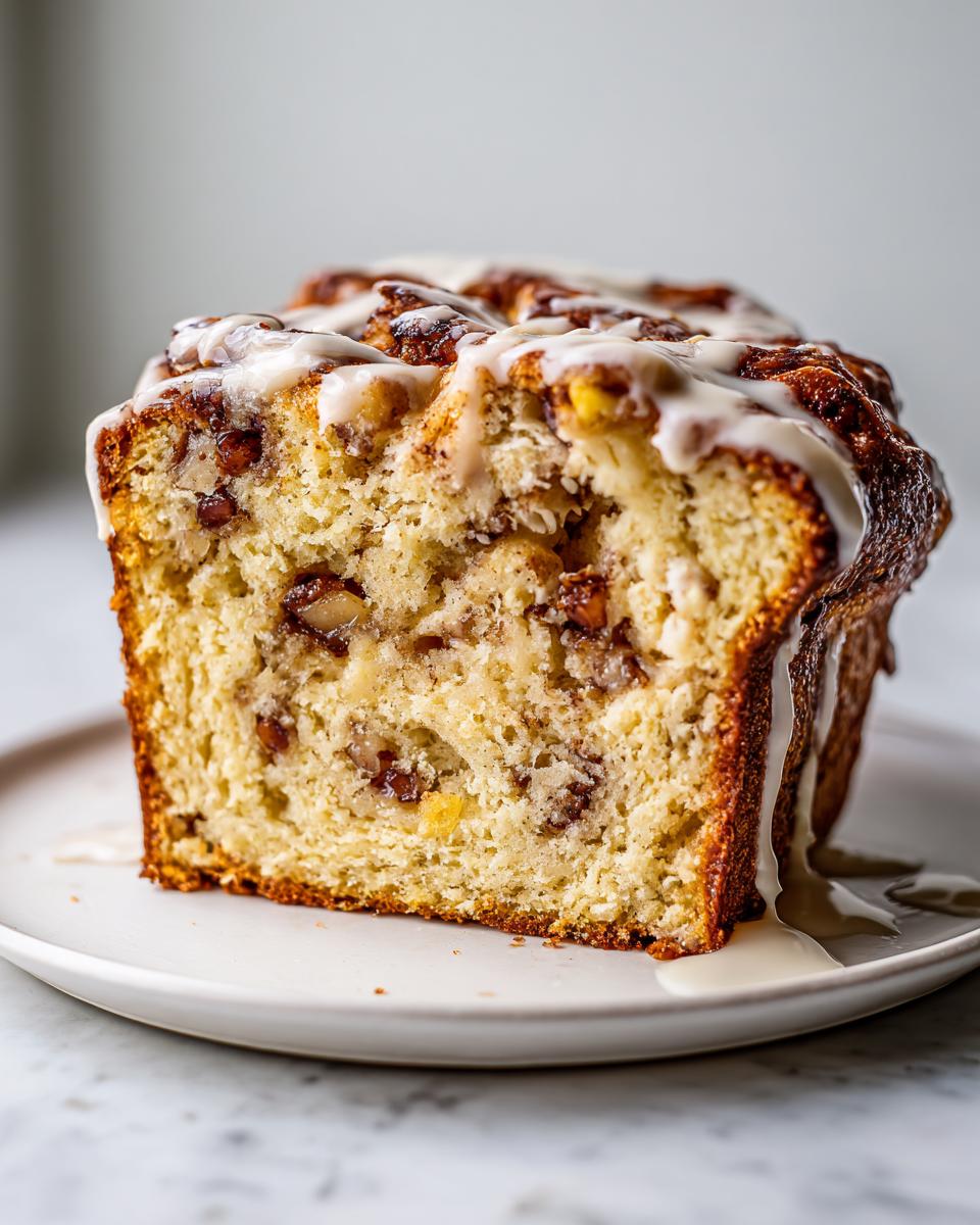 Close-up of a moist slice of apple bread, showing fruit and nuts inside, topped with dripping vanilla glaze.