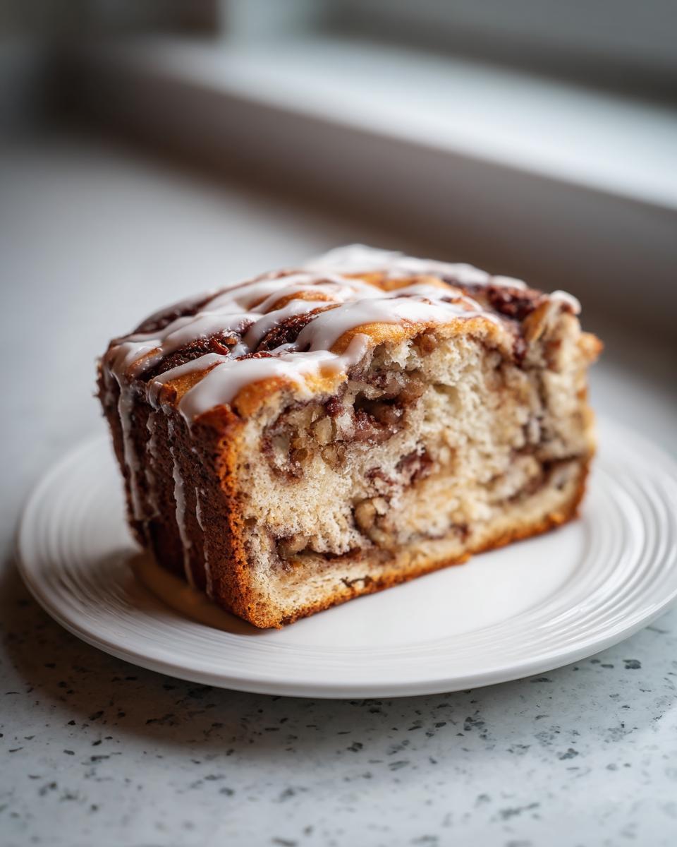 A thick slice of moist apple bread with cinnamon swirl and walnuts, topped with white icing, served on a white plate.