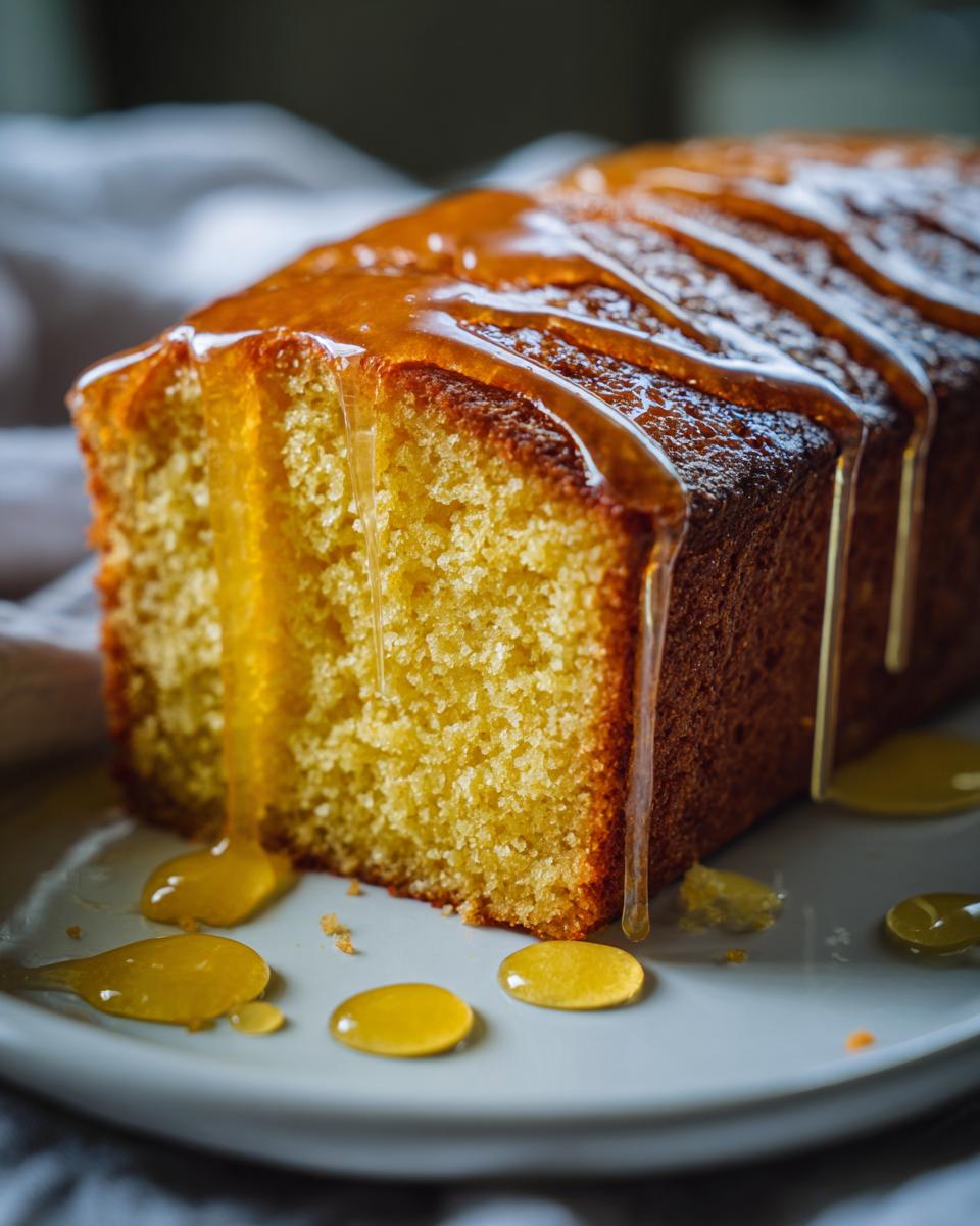 Close-up of a moist Bacardi Rum Cake loaf being generously drizzled with a thick, golden rum glaze.