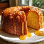 A rich, golden Bacardi rum cake with a thick caramel glaze dripping down the sides, served on a white plate.