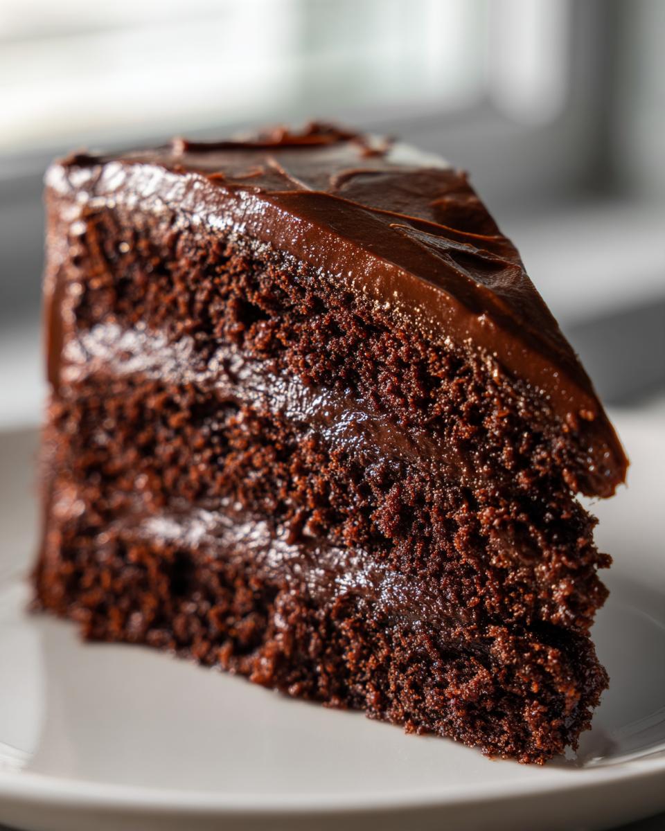 Close-up of a rich, moist slice of chocolate fudge cake layered with glossy dark chocolate frosting.