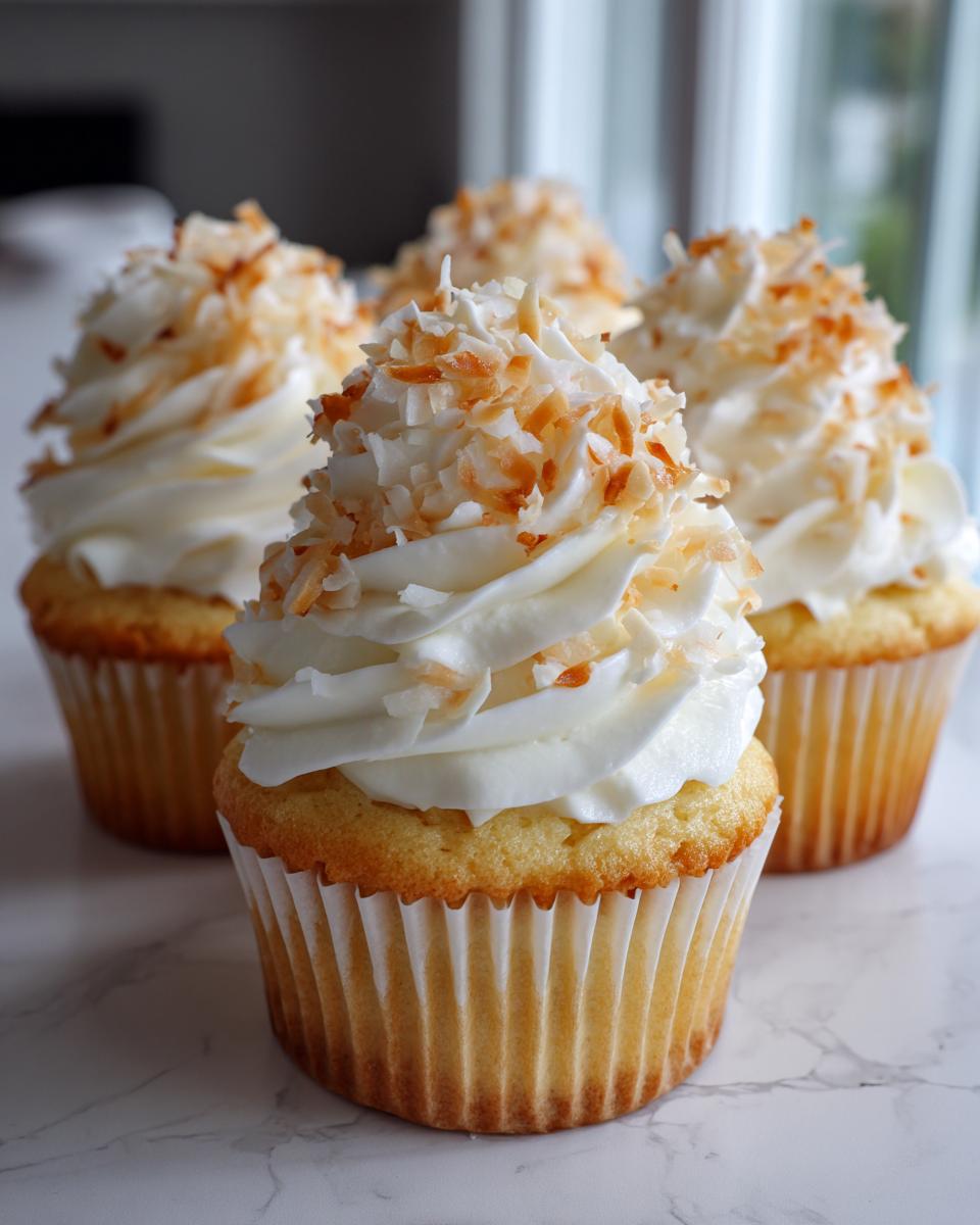 Close-up of moist coconut cupcakes topped with white frosting and toasted coconut flakes.