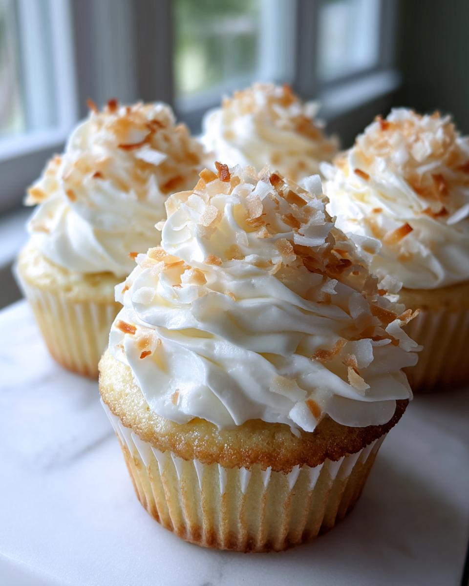 Close-up of several moist coconut cupcakes topped with white frosting and toasted coconut flakes.