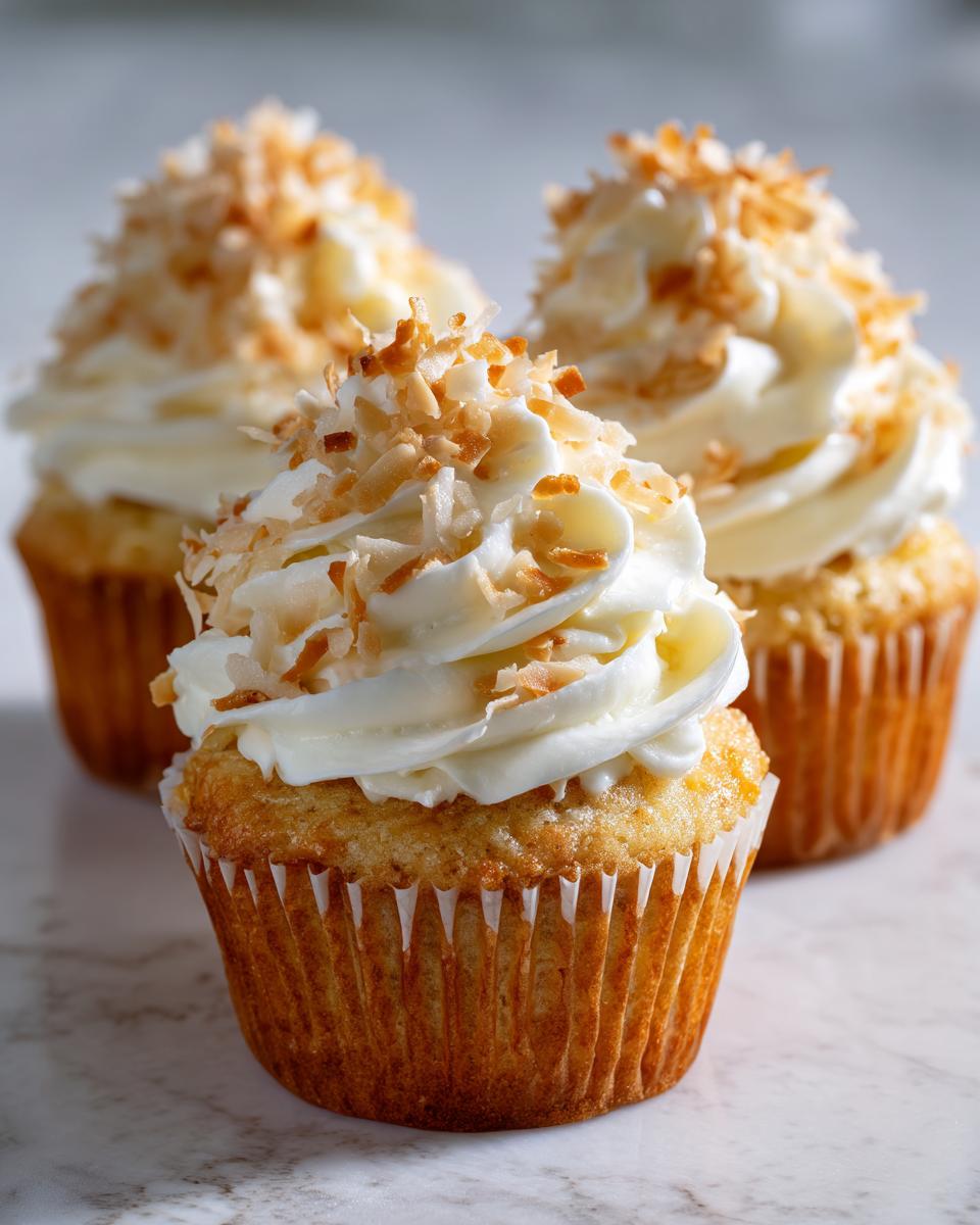 Three moist coconut cupcakes topped with white frosting and toasted coconut flakes.