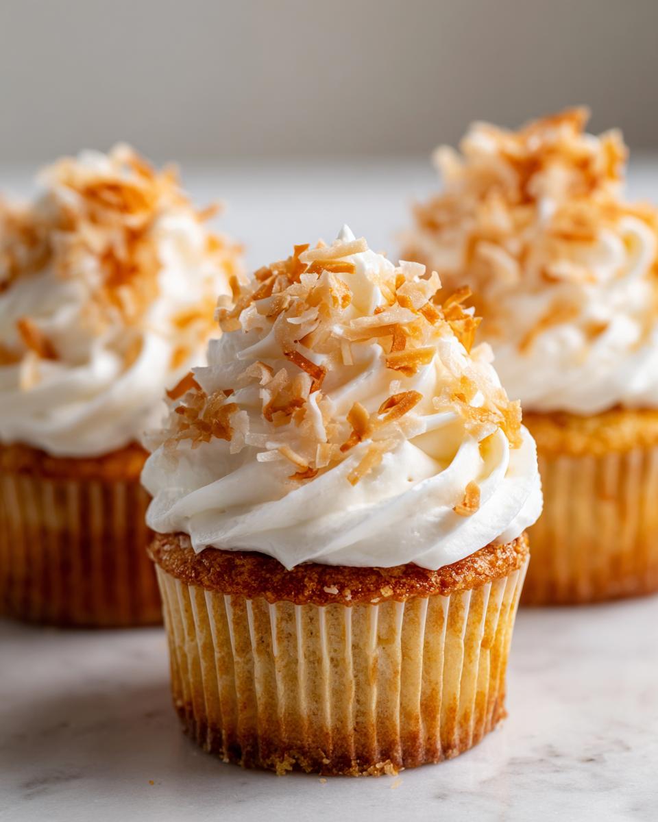 Close-up of a moist coconut cupcake topped with white frosting and toasted coconut flakes.