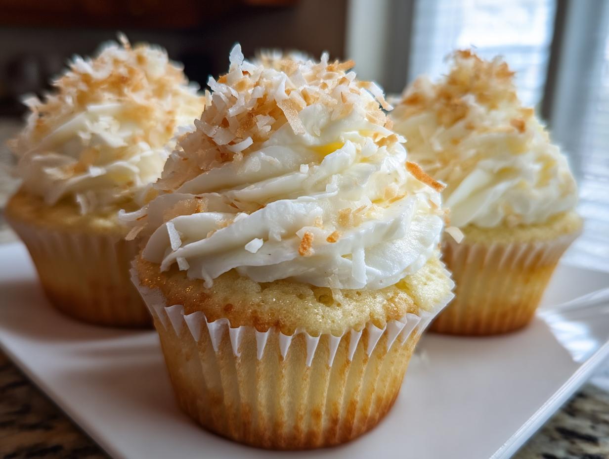 Three moist coconut cupcakes topped with white frosting and toasted coconut flakes on a white plate.