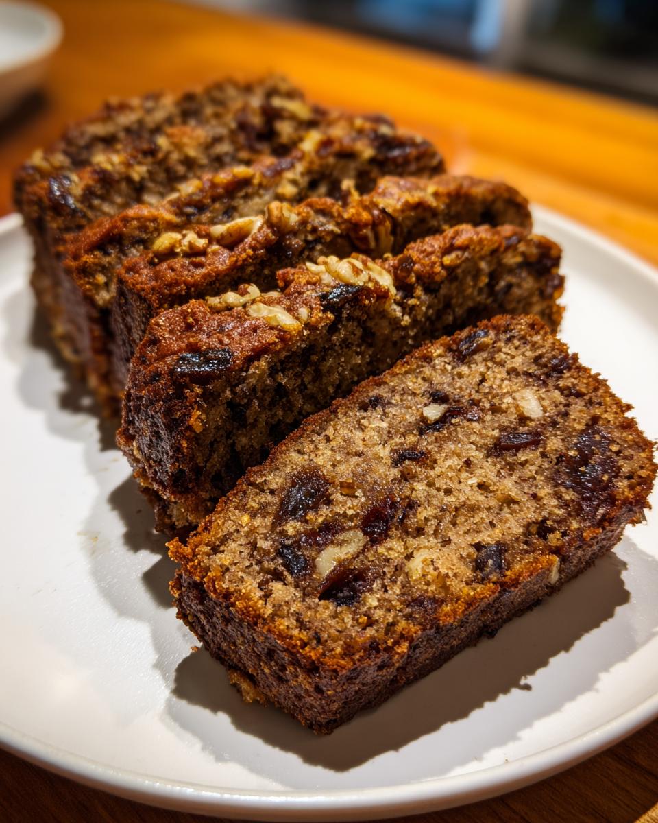 Close-up of several moist slices of date nut bread, studded with dates and walnuts, served on a white plate.