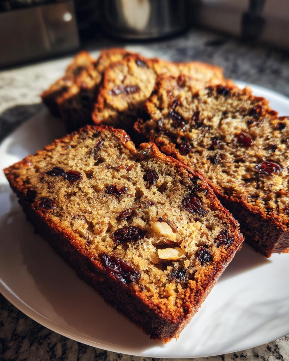 Close-up of moist slices of date nut bread, rich with visible raisins and walnuts, served on a white plate.