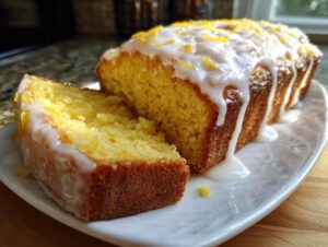 A moist lemon loaf, with one slice cut, covered in dripping white glaze and topped with lemon zest.