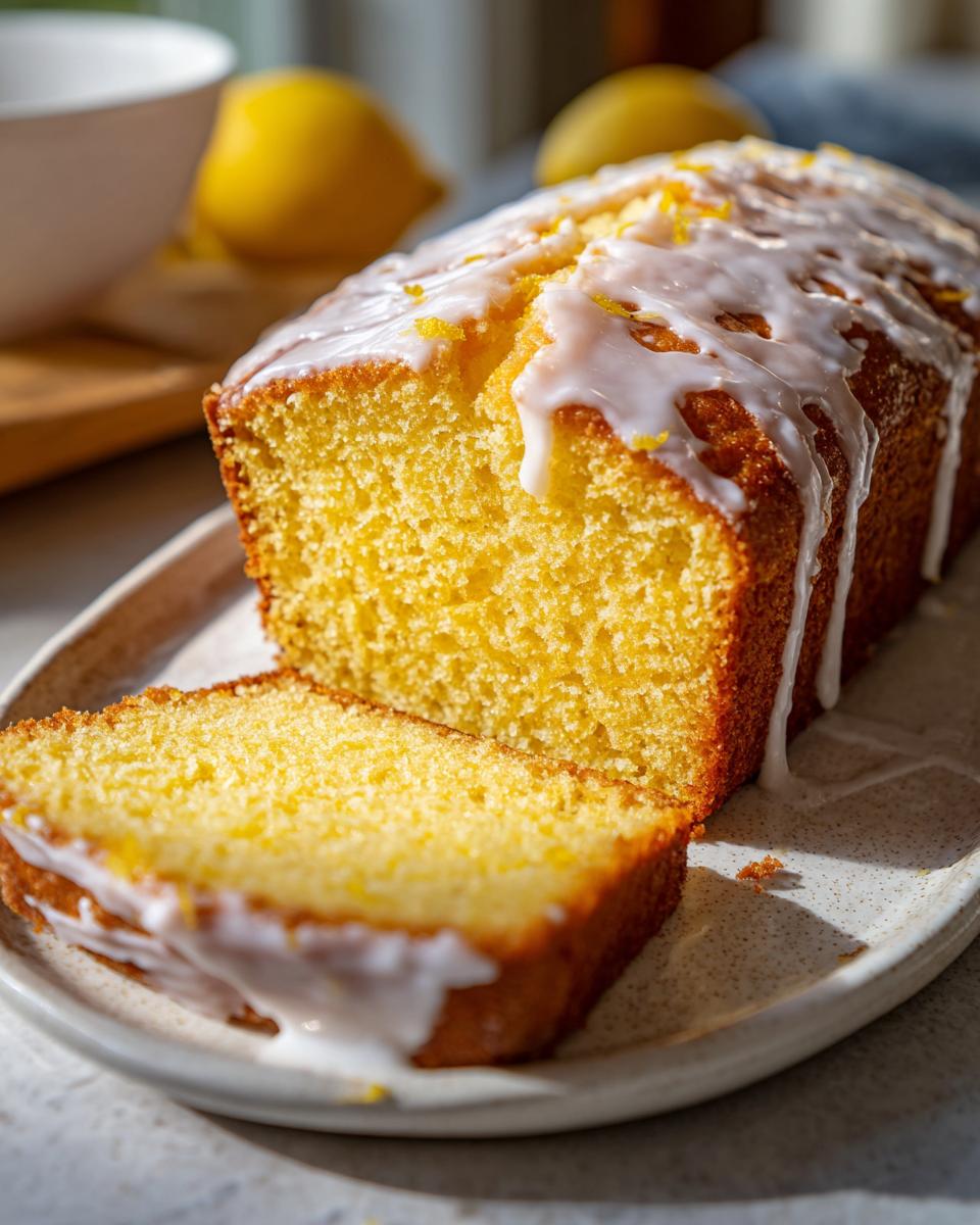 A moist lemon loaf with a thick, dripping lemon glaze, showing one slice cut and ready to eat.