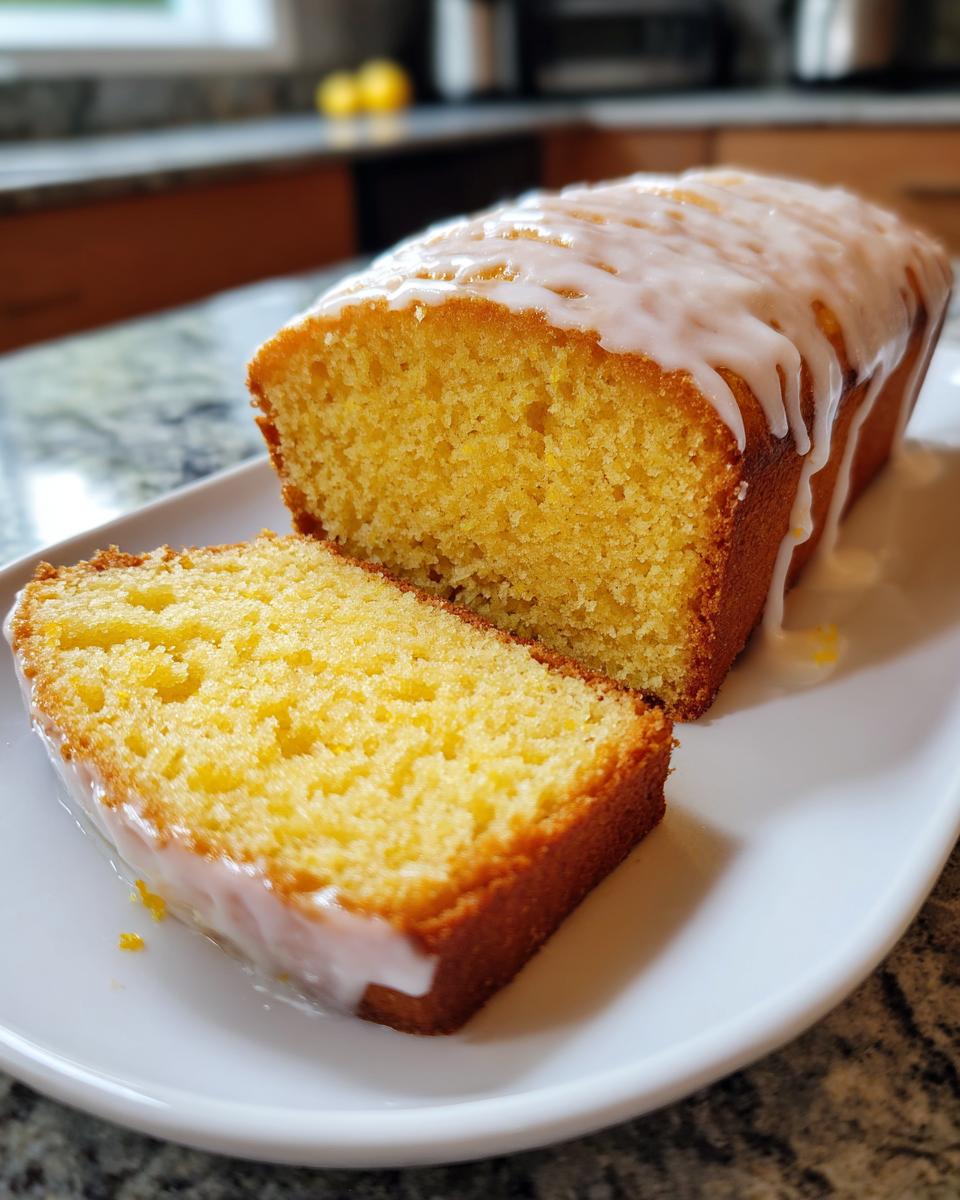 A moist lemon loaf, partially sliced, showing the yellow crumb and white lemon glaze.