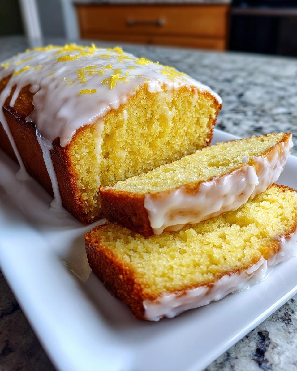 Close-up of a moist lemon loaf, partially sliced, topped with white glaze and lemon zest.