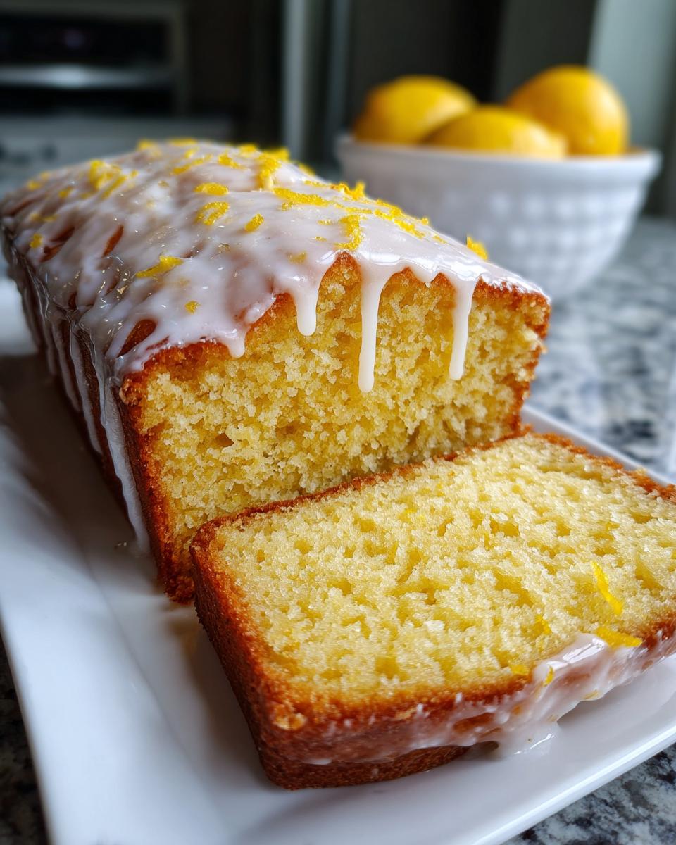 A close-up of a moist lemon loaf, sliced, drizzled with white glaze and topped with bright yellow lemon zest.