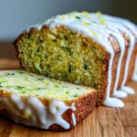 Close-up of moist lemon zucchini bread loaf with a thick white glaze and lemon zest topping, one slice cut.