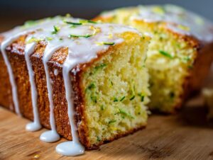 Close-up of sliced lemon zucchini bread topped with thick white glaze and lemon zest.