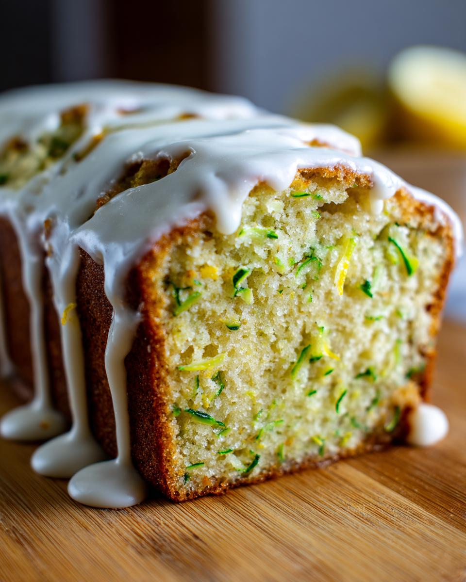 Close-up of moist lemon zucchini bread with shredded green zucchini visible and thick white glaze dripping down the sides.