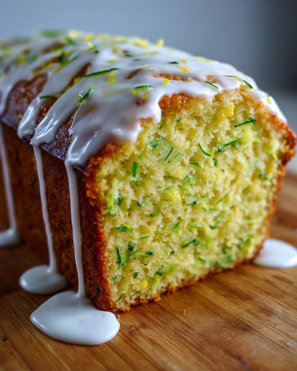 Close-up of a slice of moist lemon zucchini bread topped with thick white glaze and lemon zest.