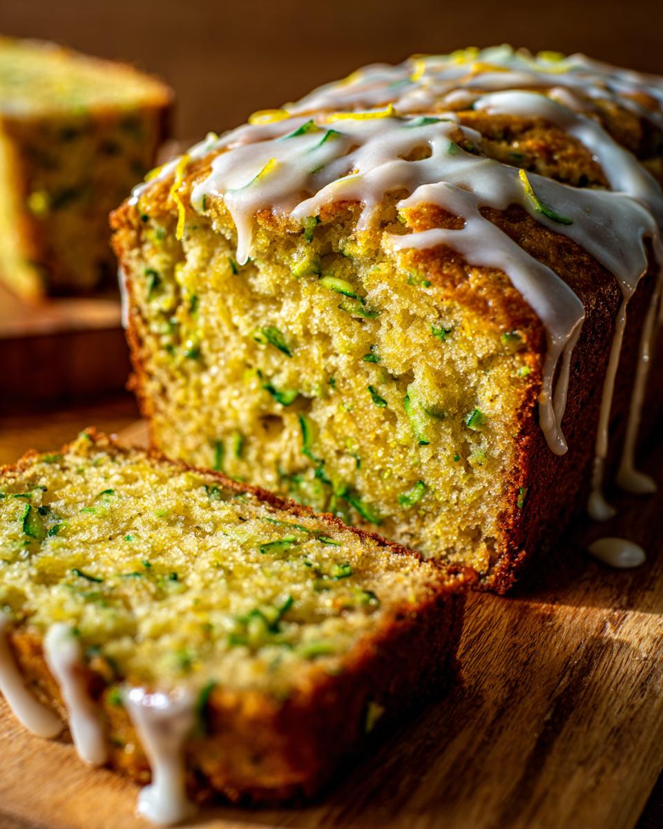 A close-up of moist lemon zucchini bread, sliced, topped with a thick white glaze and lemon zest.