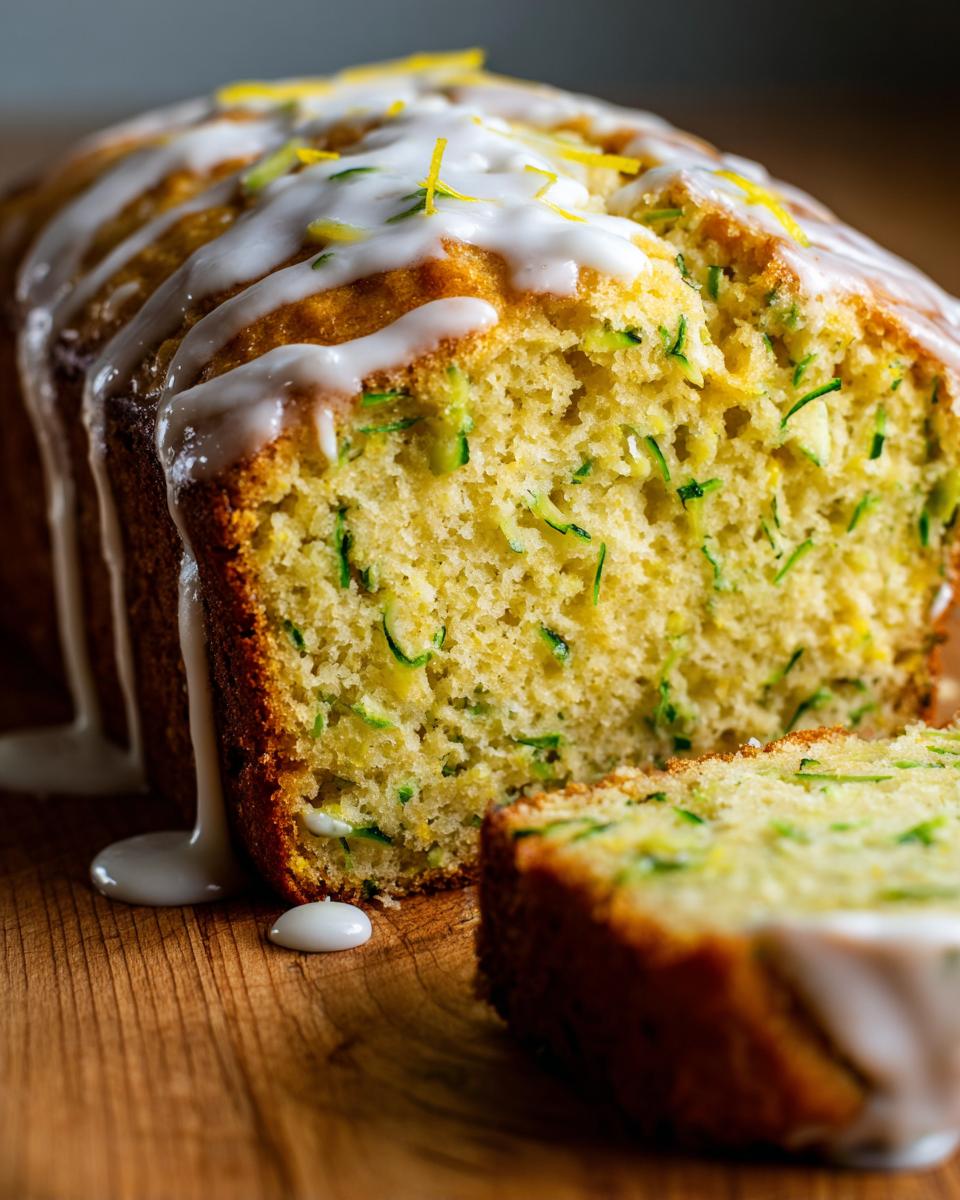 Close-up of moist lemon zucchini bread, showing shredded zucchini inside, topped with white lemon glaze and zest.