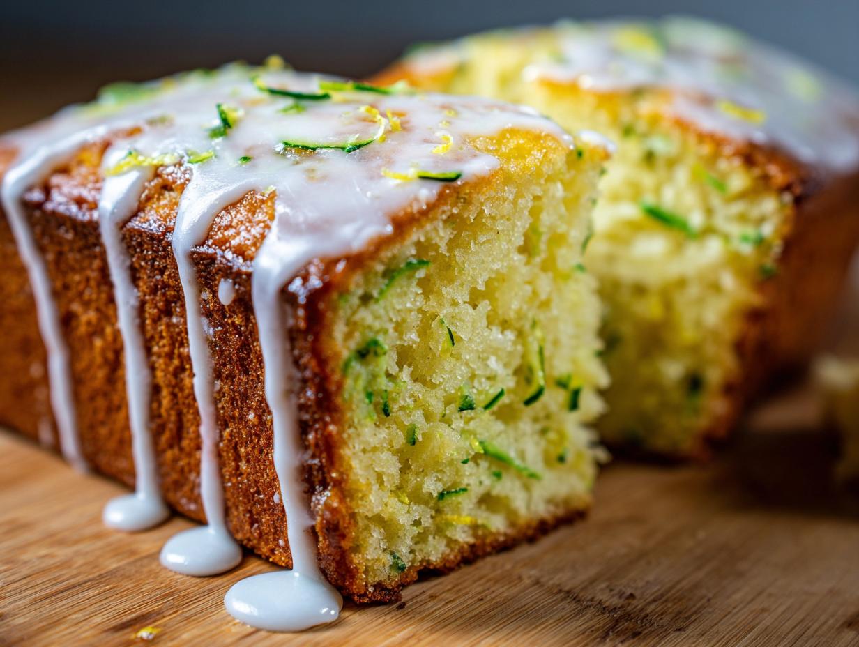Close-up of sliced lemon zucchini bread topped with thick white glaze and lemon zest.