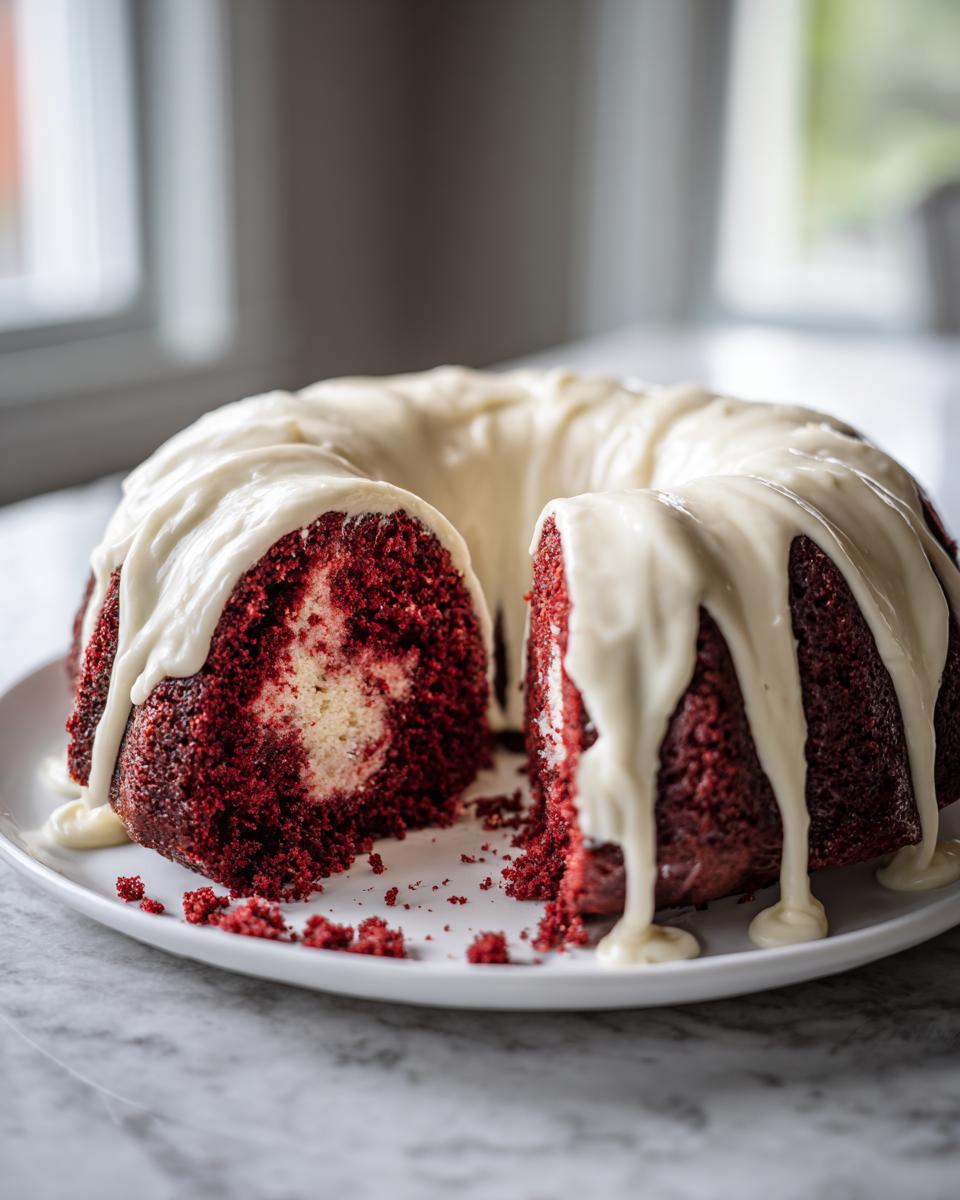 A slice removed from a vibrant red velvet bundt cake topped with dripping white cream cheese glaze.
