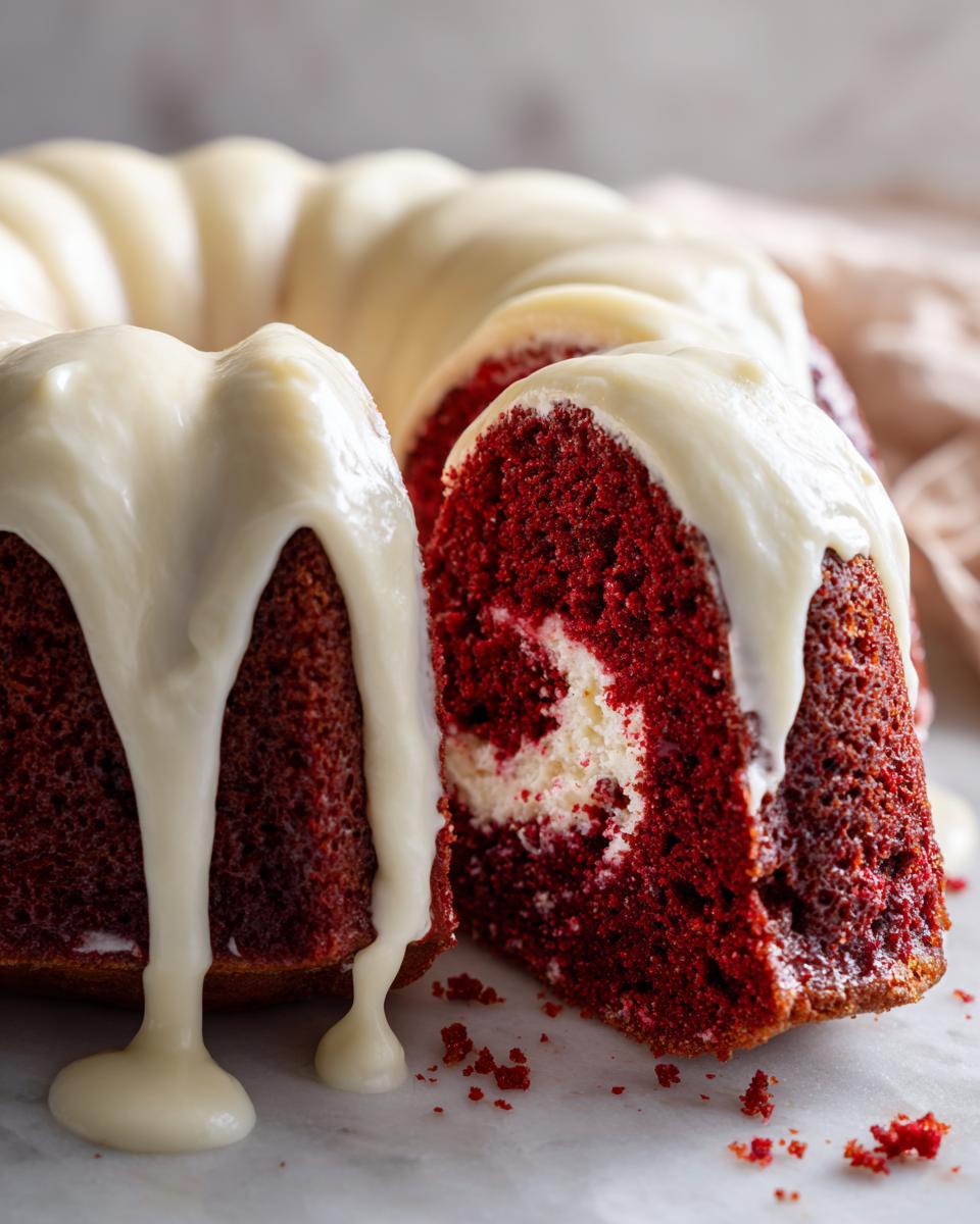 Close-up of a moist red velvet bundt cake with a slice cut out, drizzled heavily with white cream cheese glaze.