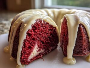Close-up of a moist red velvet bundt cake with a slice cut out, showing the red interior and cream cheese glaze dripping down.