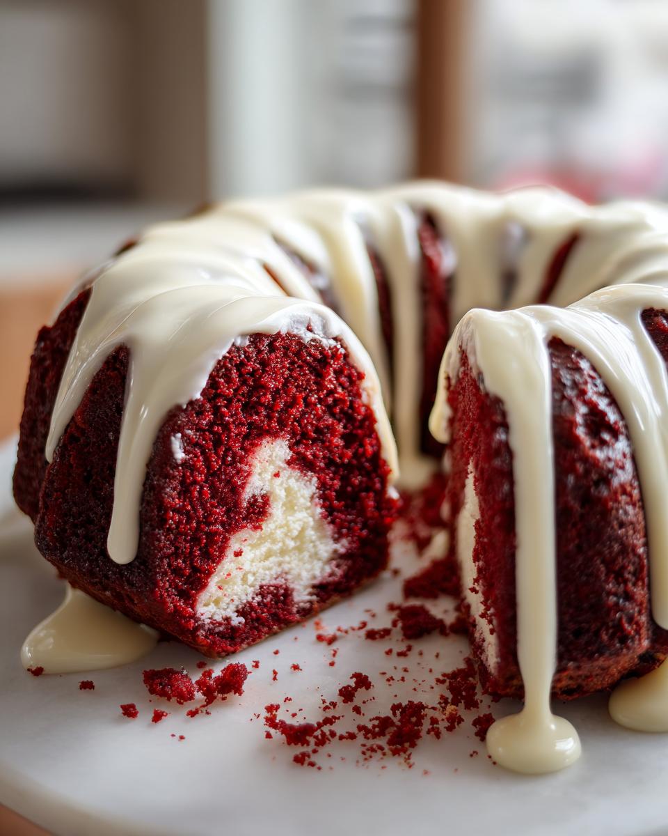 A close-up of a sliced red velvet bundt cake revealing a marbled white center and topped with thick white glaze.