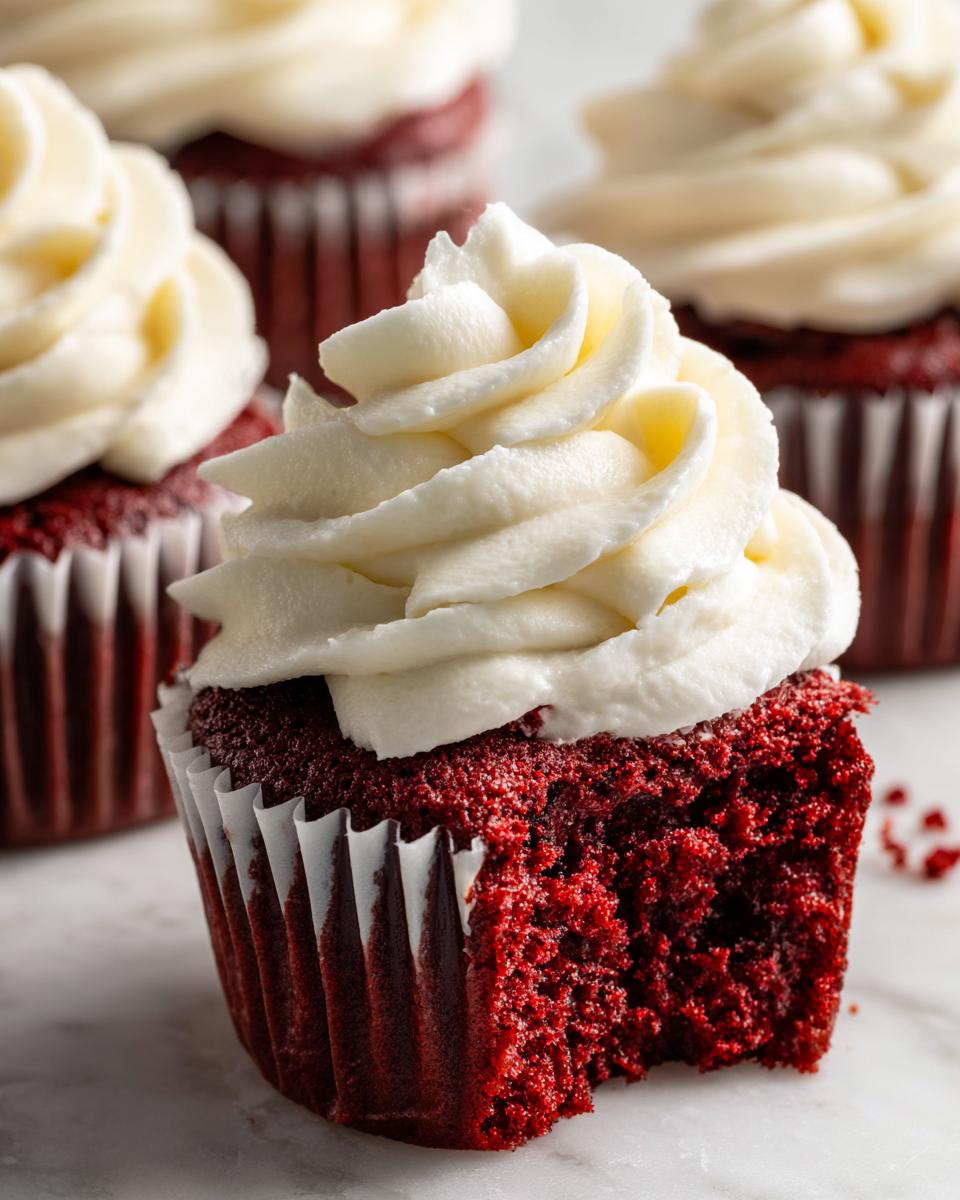 Close-up of a moist red velvet cupcakes with a bite taken out, showing rich red crumb and thick cream cheese frosting.