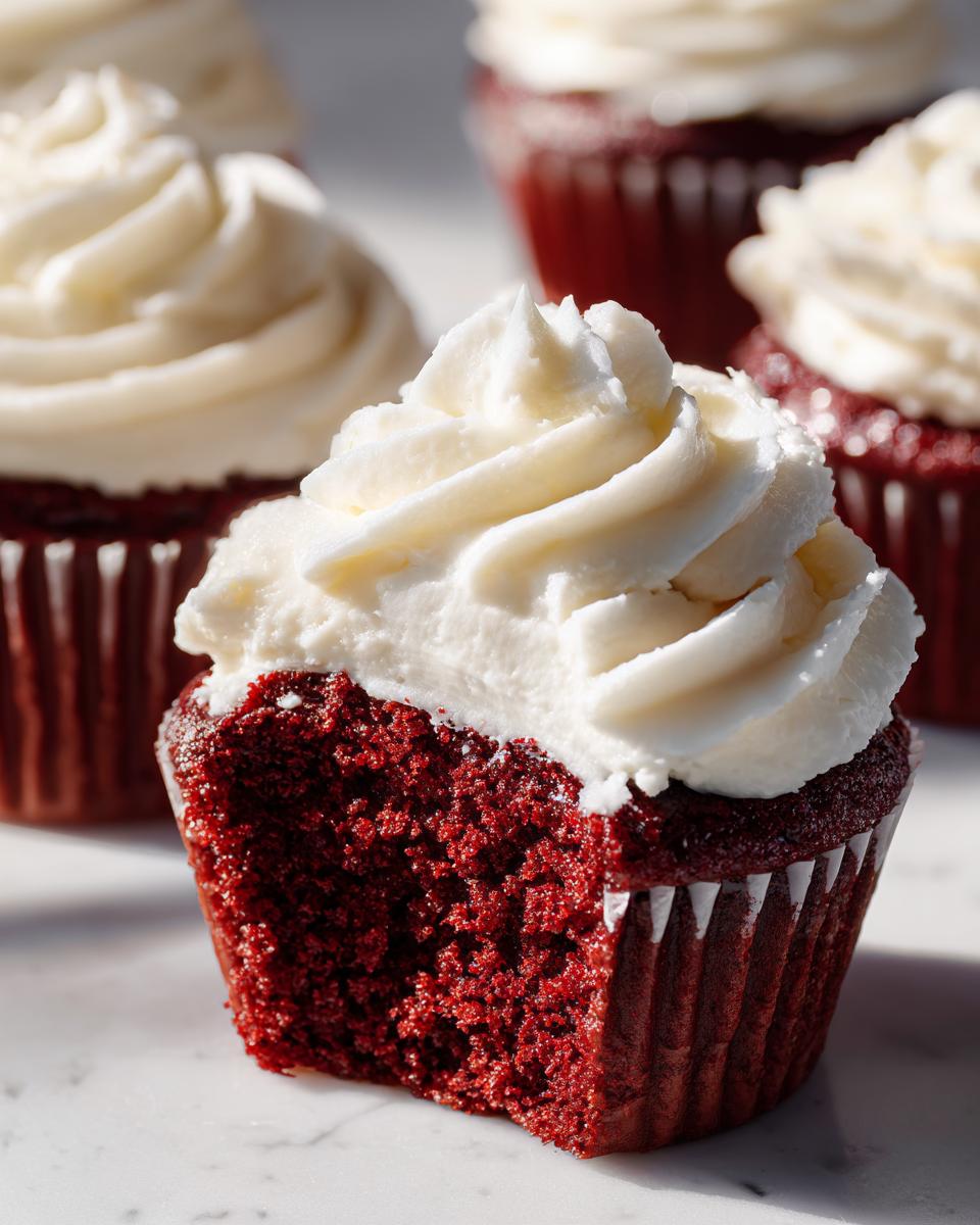 A close-up of a red velvet cupcakes with a bite taken out, showing the moist red cake and thick cream cheese frosting.