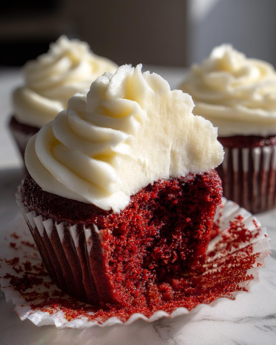 Close-up of a red velvet cupcakes with a bite taken out, showing the moist red interior and thick cream cheese frosting.