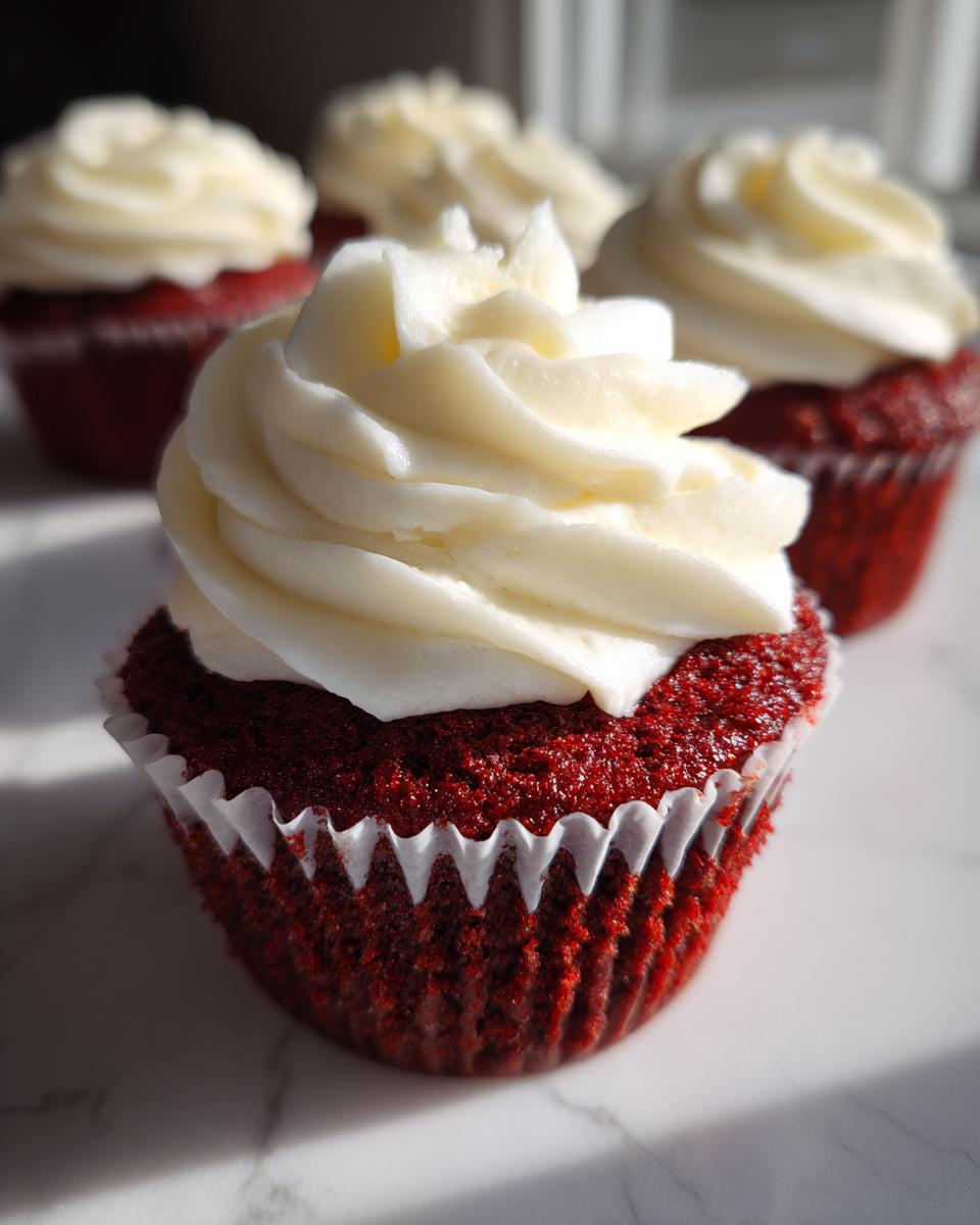A close-up of one moist red velvet cupcakes topped with a swirl of cream cheese frosting, with others blurred in the background.