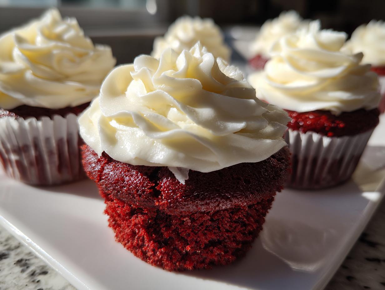 Close-up of a moist red velvet cupcakes topped with a swirl of white cream cheese frosting.