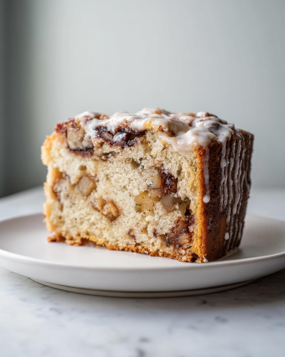 Close-up of a moist slice of apple bread, studded with nuts and drizzled with white icing.