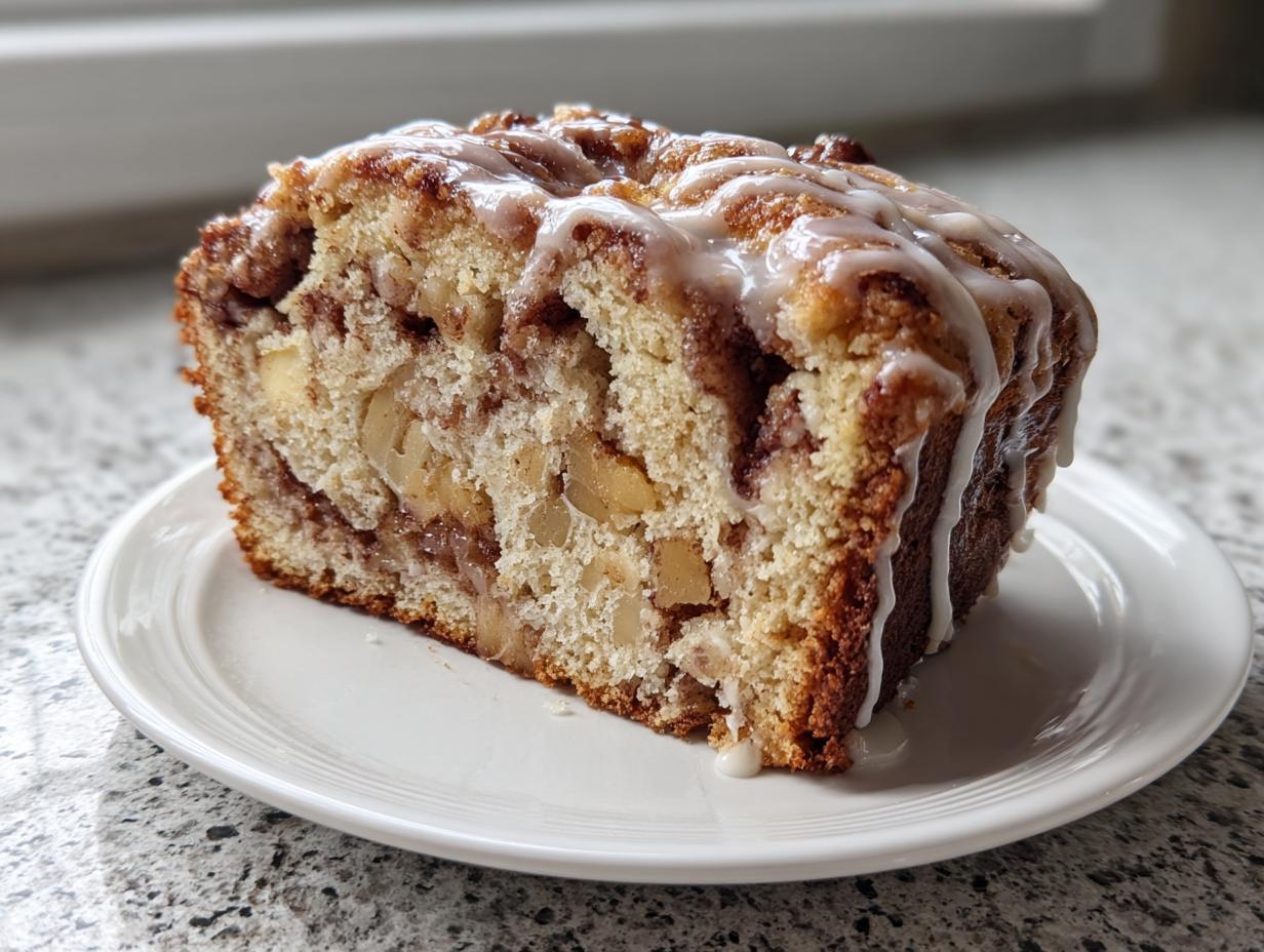 A thick slice of moist apple bread with visible apple chunks and cinnamon swirl, topped with a sweet vanilla glaze.