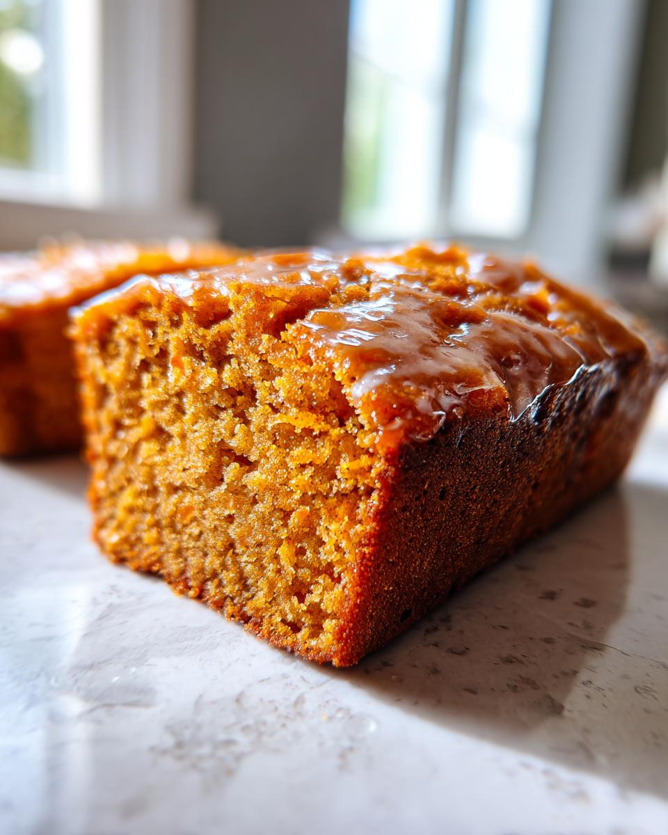Close-up of a moist, orange slice of sweet potato cornbread topped with a shiny glaze.