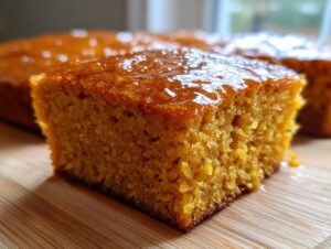 Close-up of a square slice of moist, orange-hued sweet potato cornbread topped with a shiny glaze.