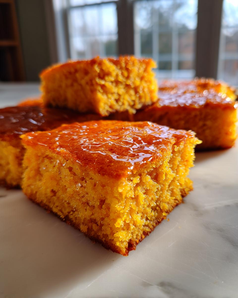 Close-up of moist, orange sweet potato cornbread squares topped with a shiny glaze.